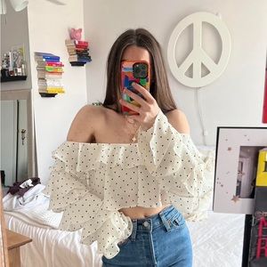 Forever 21 White&Black Polka Dot Cropped Ruffle Sleeve Off Shoulder Top